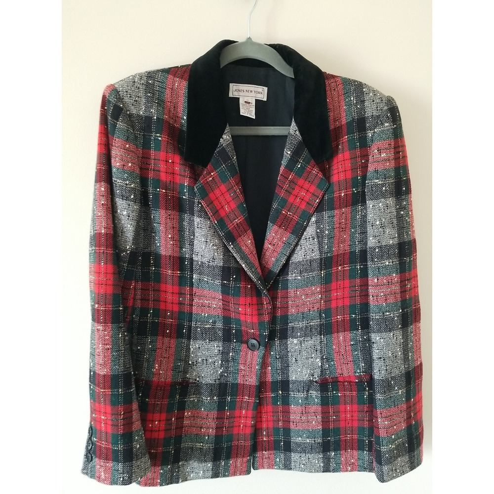 Jones New York Blazer Women 10 Wool Plaid Black Velvet Trim Academia Preppy Chic
